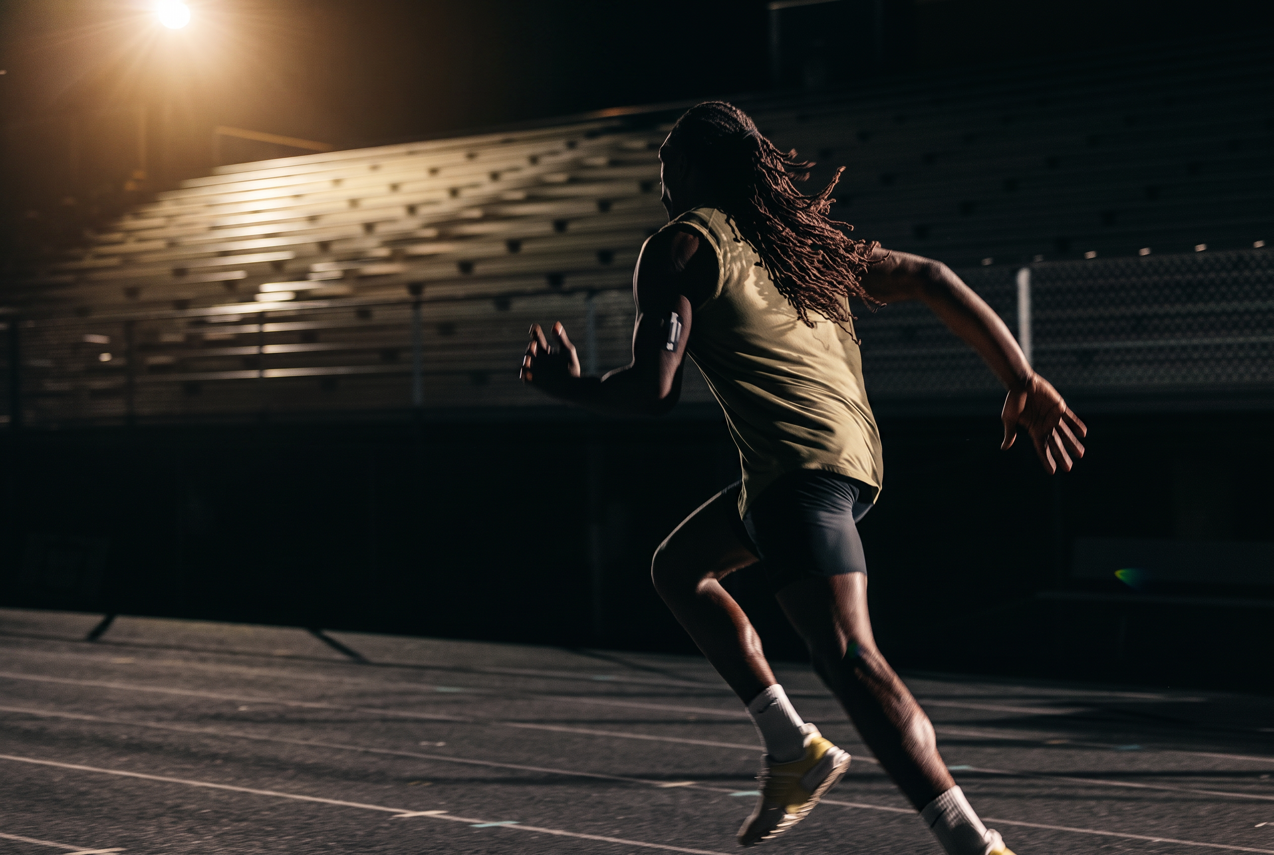 Sprinter accelerating on a floodlit track at night